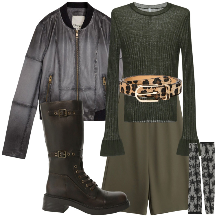 Outfit donna - Moda d\'autunno. Stile Trendy per Tutti i giorni. Abbinamento con blazer, pantaloni a palazzo, stivali, guanti, maglieria, cinture.