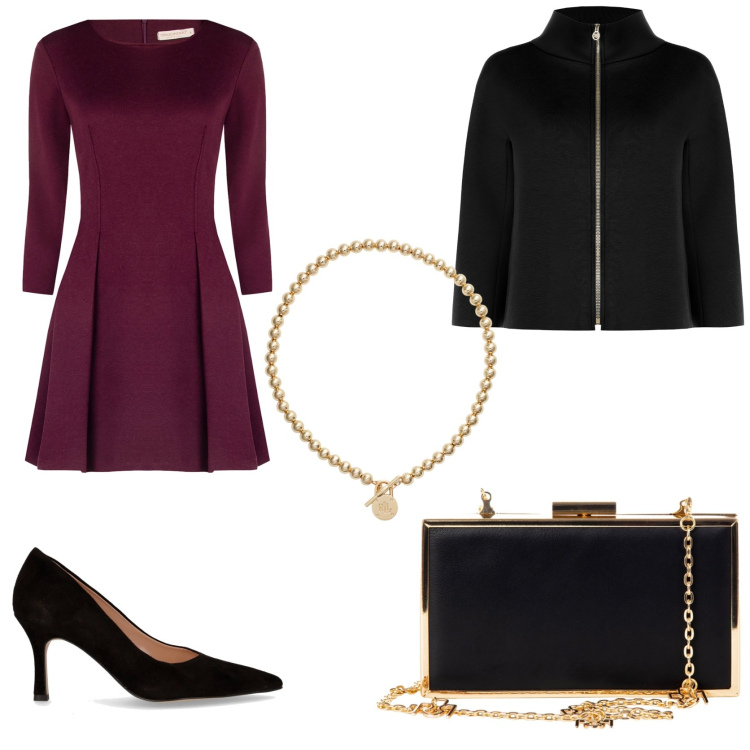 Outfit donna - Holiday outfit. Stile Chic per Serata fuori. Abbinamento con pochette, vestiti corti, cappe, collane, décolleté.