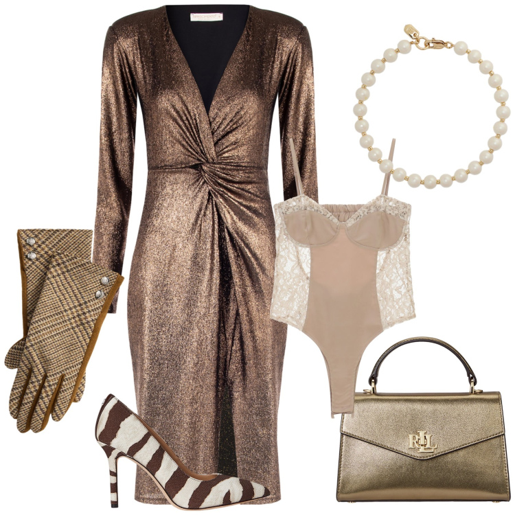 Outfit donna - Miranda ad un cocktail. Stile Glamour per Serata fuori. Abbinamento con vestiti a tubino, body, décolleté, braccialetti, borse a mano, guanti.