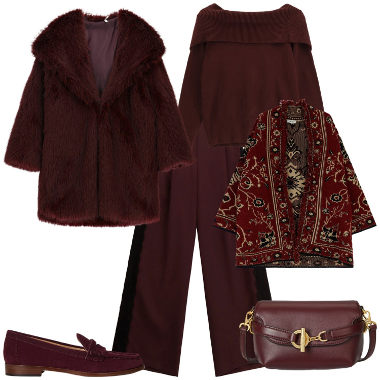 Outfit donna - Casual chic in montagna. Stile Casual chic per Tutti i giorni. Abbinamento con ecopellicce, cardigans, maglieria, pantaloni a palazzo, borse a tracolla, mocassini.