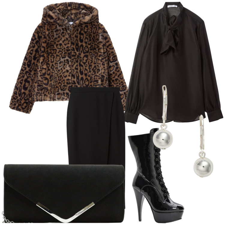 Outfit donna - Miranda alza il tiro. Stile Glamour per Ufficio. Abbinamento con stivaletti, pochette, gonne longuette, bluse, ecopellicce, orecchini.