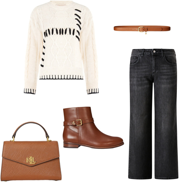 Outfit donna - In ufficio. Stile Casual chic per Tutti i giorni. Abbinamento con jeans dritti, maglieria, stivaletti, cinture, borse a mano.