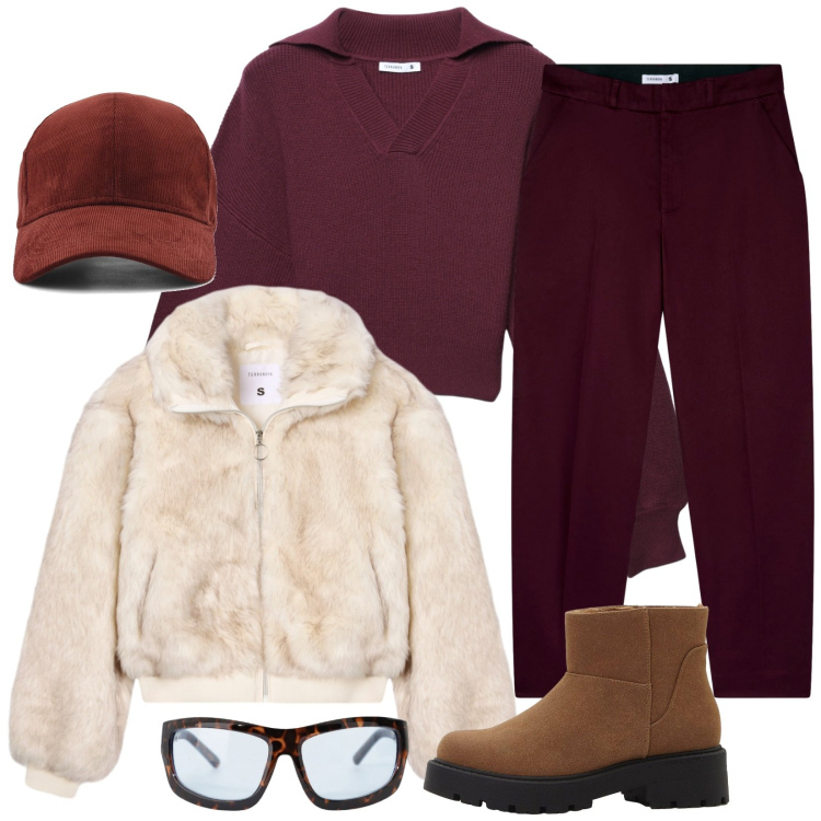 Outfit donna - Rigore invernale. Stile Casual per Tutti i giorni. Abbinamento con stivaletti, pantaloni chino, maglieria, ecopellicce, occhiali da sole, cappelli con visiera.