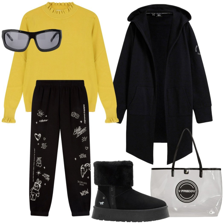 Outfit donna - Giornata frenetica. Stile Casual per Tutti i giorni. Abbinamento con blazer, stivaletti, pantaloni, shopping bag, occhiali da sole, maglieria.