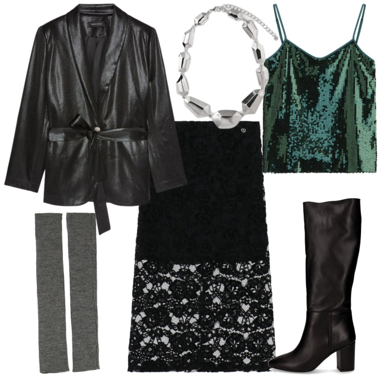 Outfit donna - Glamour per novembre. Stile Glamour per Serata fuori. Abbinamento con gonne longuette, top, guanti, ciondoli, blazer, stivali.