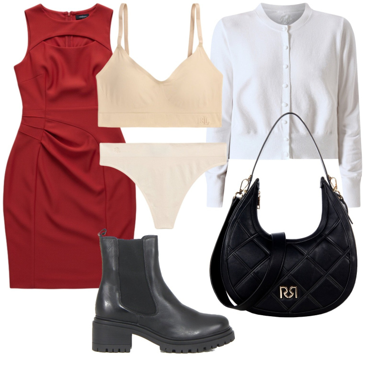 Outfit donna - Rinascimento - Black Friday 2025. Stile Rock per Serata fuori. Abbinamento con borse a tracolla, cardigans, vestiti a tubino, reggiseni, perizomi, stivaletti chelsea.