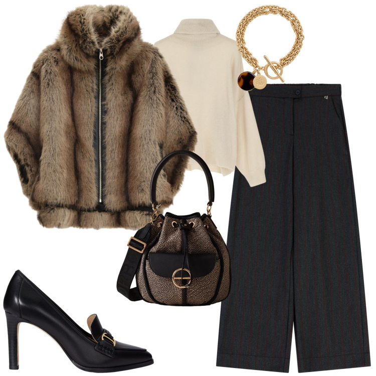 Outfit donna - Chic and trendy. Stile Chic per Tutti i giorni. Abbinamento con borse a secchiello, pantaloni a palazzo, maglieria, blazer, décolleté, braccialetti con ciondoli.