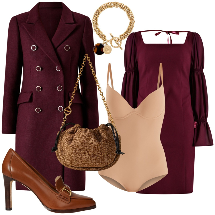 Outfit donna - Rinascimento - Black Friday 2025. Stile Minimal per Serata fuori. Abbinamento con vestiti a tubino, cappotti, body, borse a spalla, décolleté, braccialetti con ciondoli.