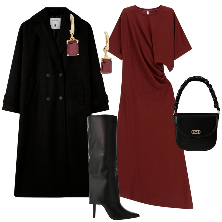 Outfit donna - Abito asimmetrico. Stile Trendy per Tutti i giorni. Abbinamento con borse a mano, cappotti, vestiti lunghi, stivali, orecchini.