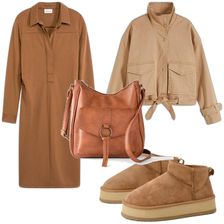 Outfit femme - Marron casual. Style Casual pour Tous les jours. Assortir avec blazers, robes chemisier, sacs en bandoulière, bottes.