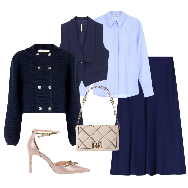 Outfit donna - Total look #2286915. Stile Bon Ton per Cerimonia. Abbinamento con blazer, borse a tracolla, décolleté, gonne longuette, gilet, camicie.