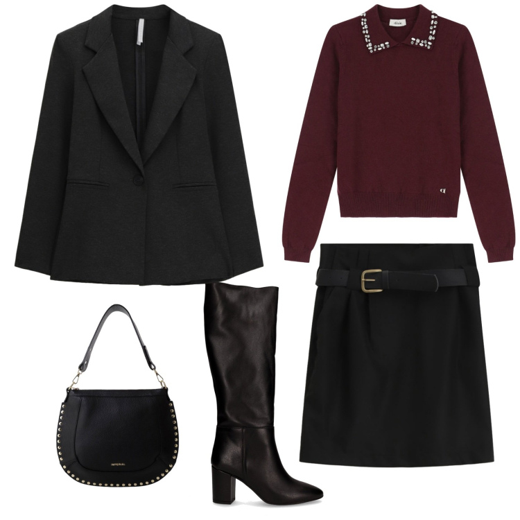 Outfit donna - Total look #2286917. Stile Chic per Serata fuori. Abbinamento con borse a spalla, blazer, minigonne, maglieria, stivali.