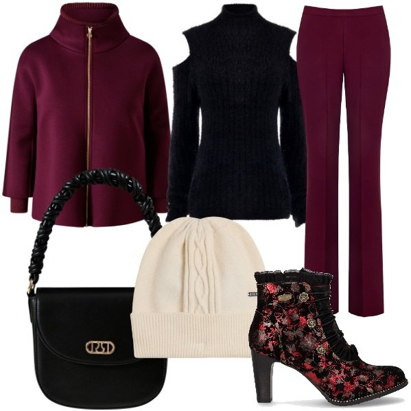 Outfit donna - Cozy & Chic. Stile Chic per Serata fuori. Abbinamento con cappe, pantaloni, maglieria, borse a mano, berretti, stivaletti.