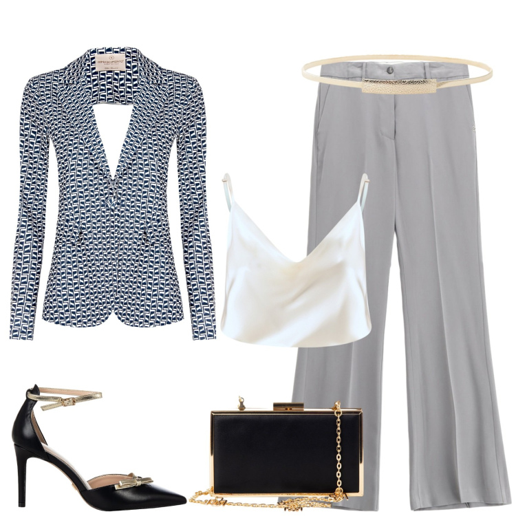Outfit donna - Eventi serate. Stile Glamour per Cerimonia. Abbinamento con blazer, décolleté, pochette, canottiere, pantaloni, cinture.