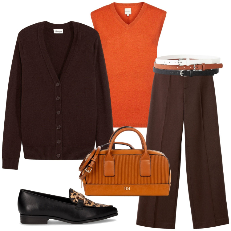 Outfit donna - Total look #2286920. Stile Casual chic per Tutti i giorni. Abbinamento con cardigans, cinture, pantaloni, borse a mano, maglieria, mocassini.