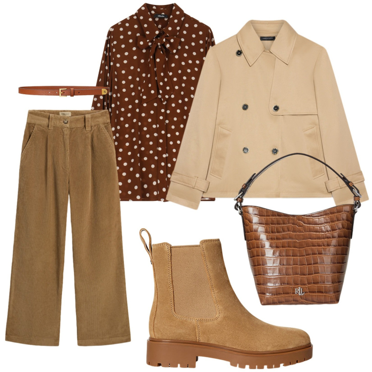 Outfit donna - Qualcosa di velluto. per Tutti i giorni. Abbinamento con camicie, cinture, stivaletti chelsea, borse a secchiello, pantaloni, trench.
