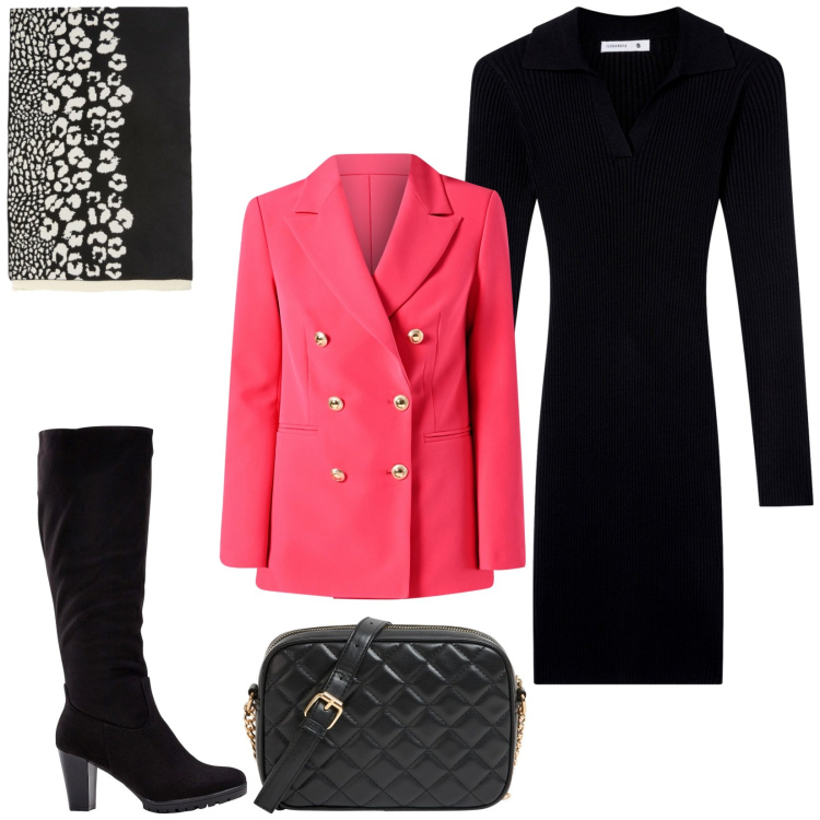 Outfit donna - Total look #2286923. Stile Chic per Serata fuori. Abbinamento con stivali, vestiti a tubino, borse a tracolla, blazer, sciarpe.