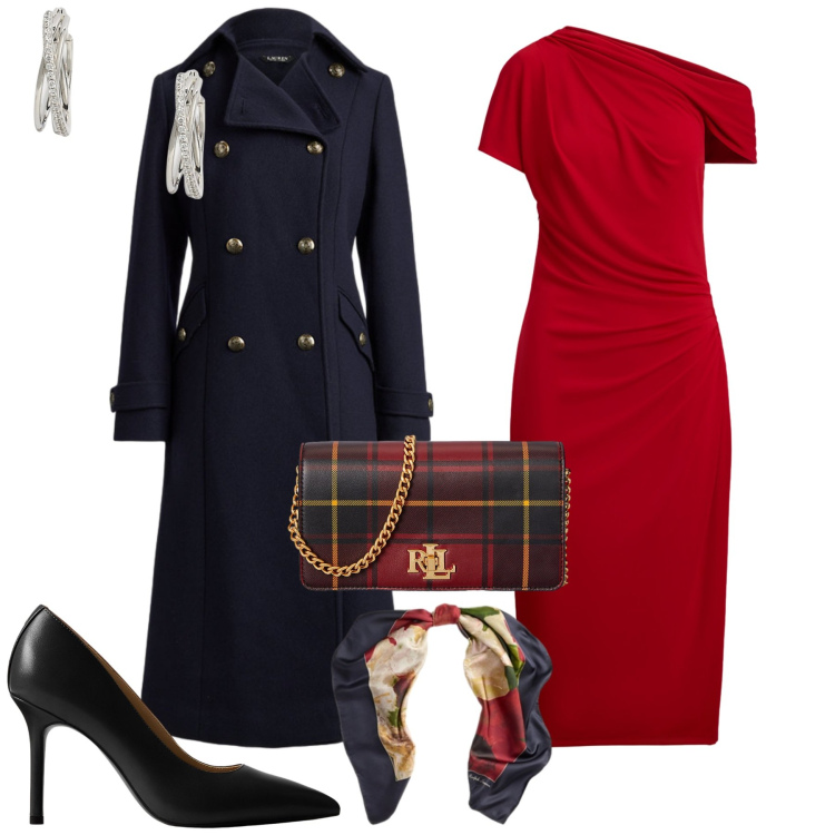 Outfit donna - Christmas time. Stile Chic per Serata fuori. Abbinamento con orecchini, vestiti asimmetrici, borse a mano, décolleté, cappotti, foulard.