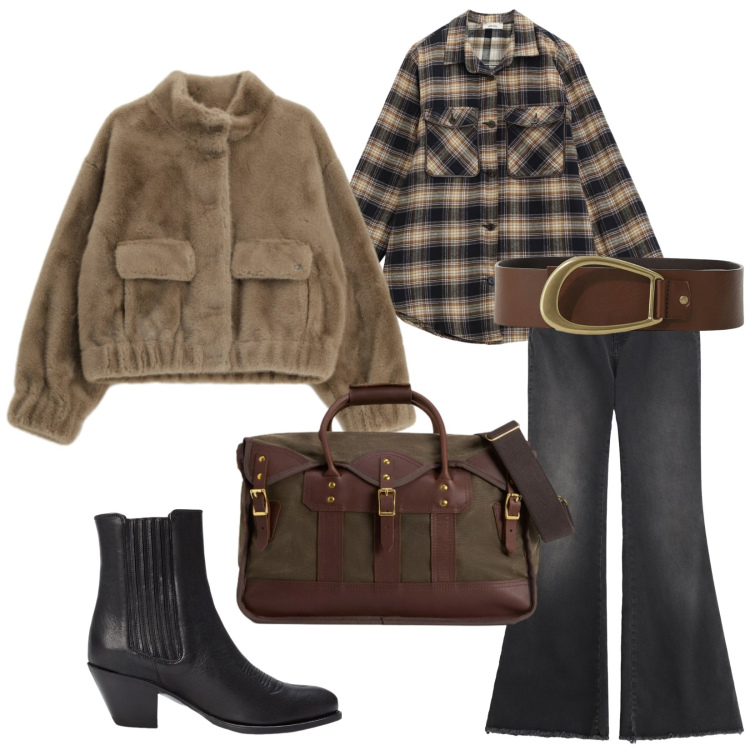 Outfit donna - Total look #2286928. Stile Boho per Tutti i giorni. Abbinamento con jeans a zampa, blazer, cinture, camicie, stivaletti texani, borse a tracolla.