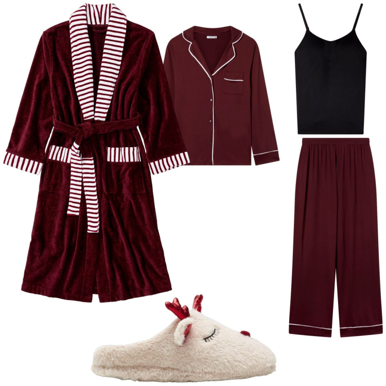 Outfit donna - Relax a casa. Stile Minimal per Tutti i giorni. Abbinamento con pantofole, accappatoi, magliette intime, pigiama.
