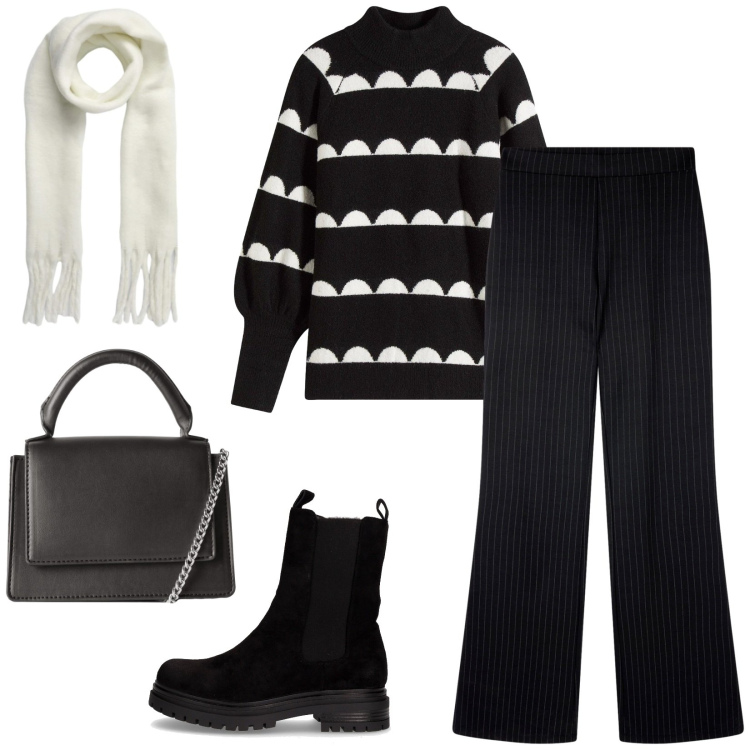 Outfit donna - Total look #2286932. Stile Casual chic per Tutti i giorni. Abbinamento con maglieria, pantaloni, borse a tracolla, sciarpe, stivaletti chelsea.