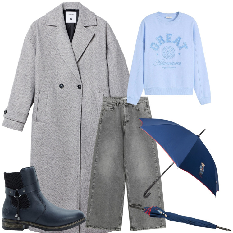 Outfit donna - Sotto la pioggia. Stile Casual per Tutti i giorni. Abbinamento con stivaletti chelsea, felpe, cappotti, jeans, borse tote.