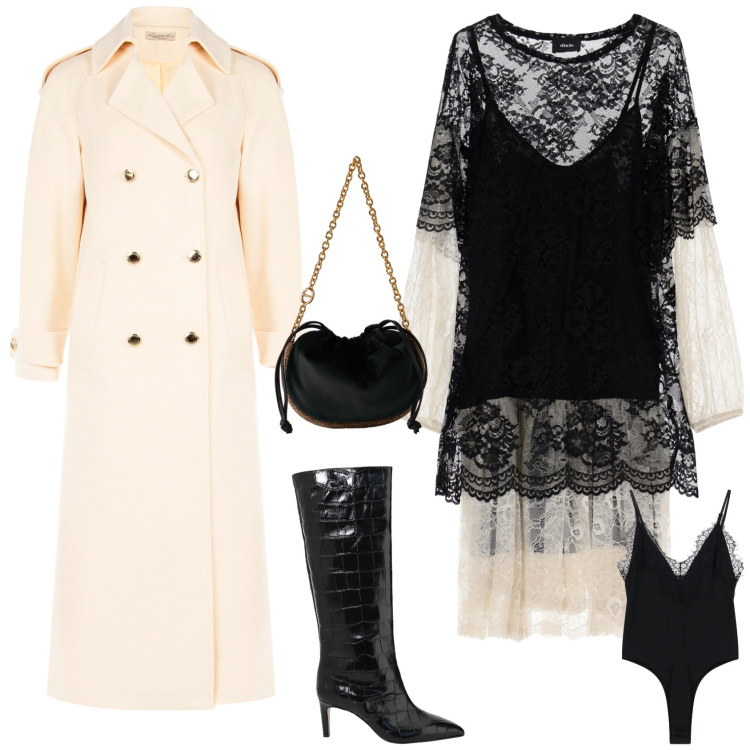 Outfit donna - Glamour chic. Stile Glamour per Serata fuori. Abbinamento con cappotti, vestiti midi/longuette, body, stivali, borse a spalla.