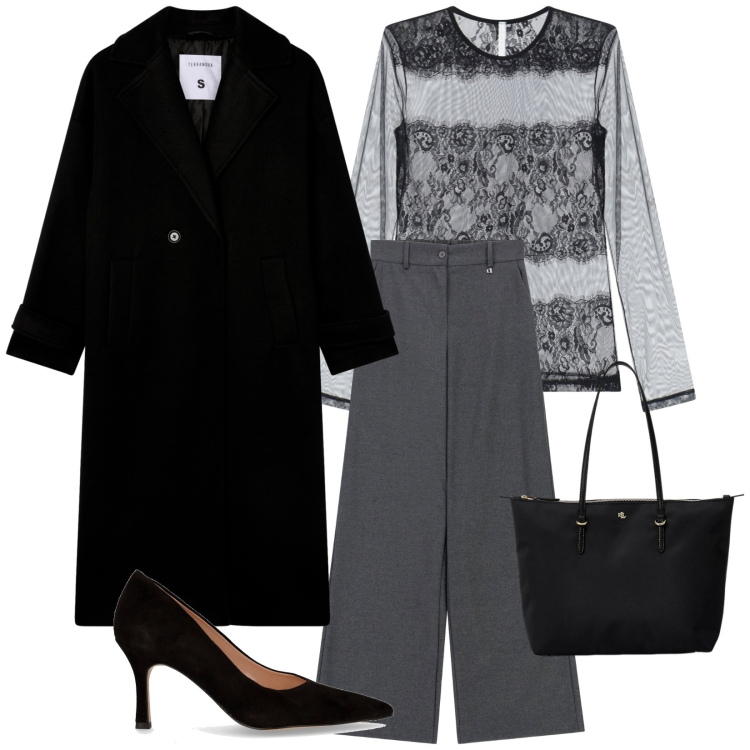 Outfit donna - Sotto la pioggia. Stile Casual chic per Tutti i giorni. Abbinamento con cappotti, bluse, pantaloni a palazzo, borse tote, décolleté.