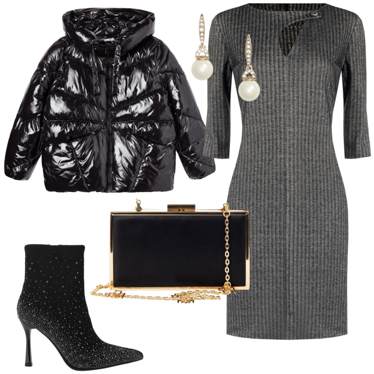 Outfit donna - La mia giacca bomber. per Serata fuori. Abbinamento con bomber, pochette, vestiti midi/longuette, stivaletti, orecchini.