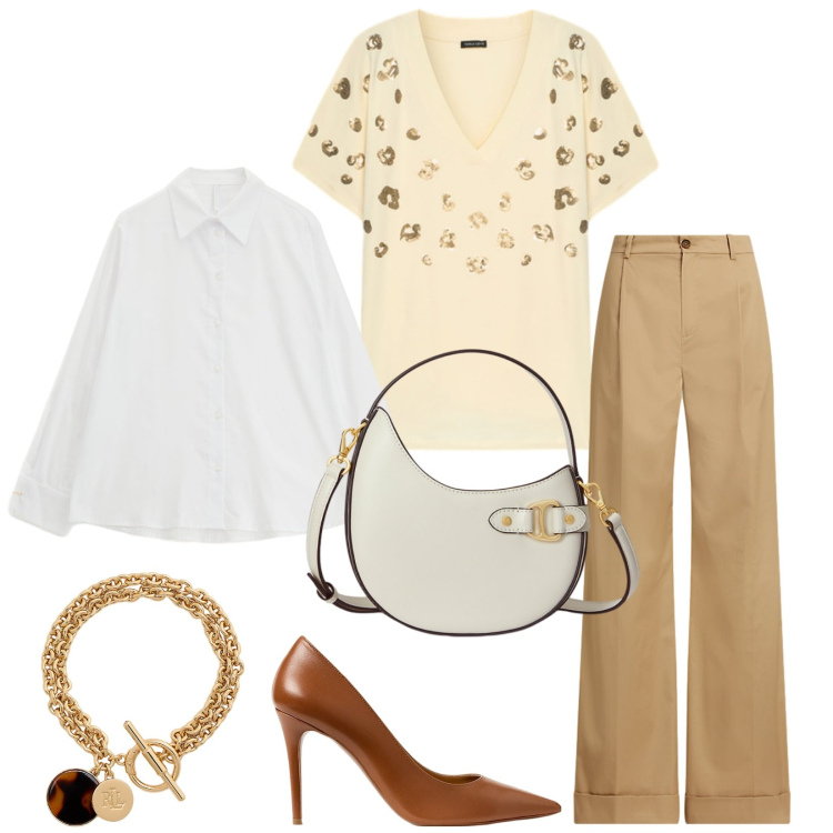 Outfit donna - Total look #2286942. Stile Glamour per Serata fuori. Abbinamento con camicie, décolleté, pantaloni, borse a tracolla, braccialetti con ciondoli, t-shirt.