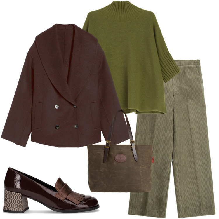 Outfit donna - Qualcosa di velluto. Stile Casual chic per Tutti i giorni. Abbinamento con caban, pantaloni a palazzo, maglieria, borse tote, mocassini.