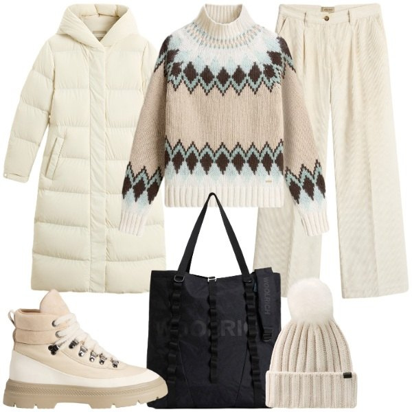 Outfit donna - Woolrich - Black Friday. Stile Glamour per Serata fuori. Abbinamento con piumini, pantaloni, maglieria, borse tote, berretti, anfibi.