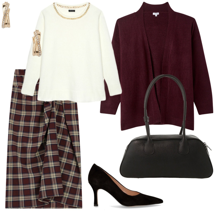 Outfit donna - Il mese del cardigan. per Ufficio. Abbinamento con cardigans, gonne longuette, borse a mano, orecchini, maglieria, décolleté.