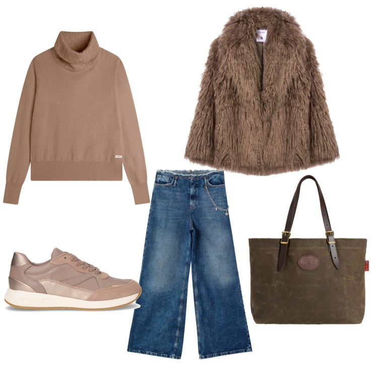 Outfit donna - Cozy & Chic. Stile Casual chic per Tutti i giorni. Abbinamento con jeans dritti, ecopellicce, maglieria, borse tote, sneakers.