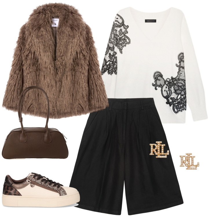 Outfit donna - Essere chich. Stile Casual chic per Tutti i giorni. Abbinamento con ecopellicce, borse a mano, orecchini, bermuda, maglieria, sneakers.