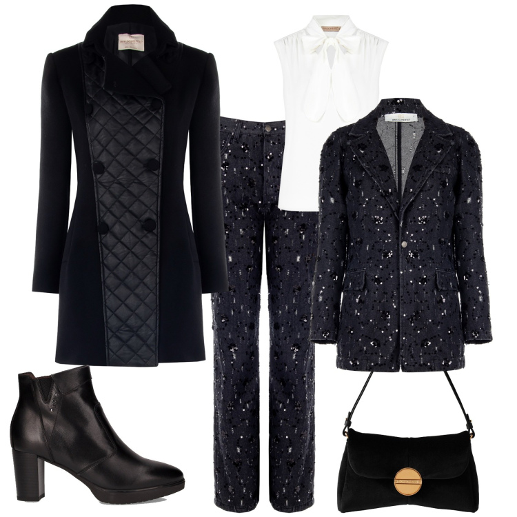 Outfit donna - Glamour serata evento speciale. Stile Glamour per Serata fuori. Abbinamento con cappotti, blazer, pantaloni, top, borse a tracolla, stivaletti.