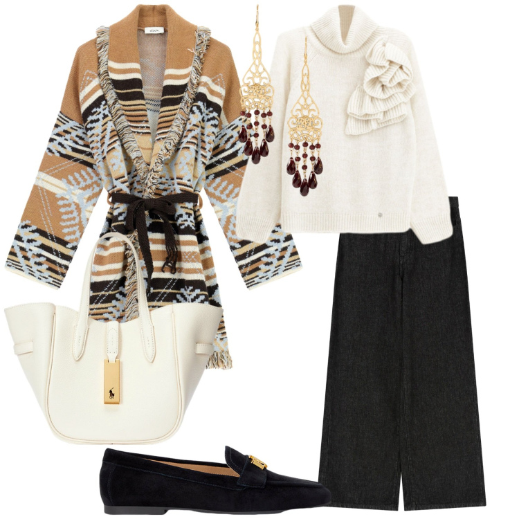 Outfit donna - Il mese del cardigan. per Tutti i giorni. Abbinamento con maglieria, pantaloni a palazzo, cardigans, borse tote, mocassini, orecchini.