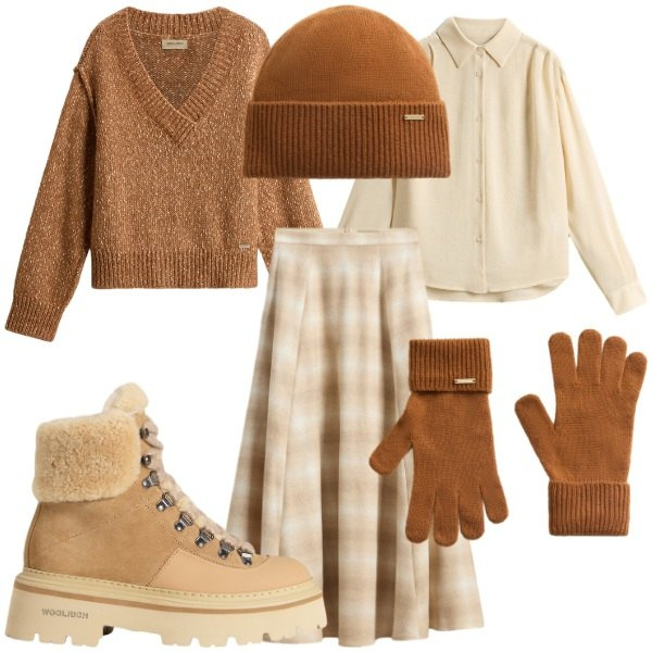 Outfit donna - Woolrich e Black Friday. Stile Glamour per Serata fuori. Abbinamento con maglieria, guanti, berretti, gonne lunghe, camicie, stivaletti.