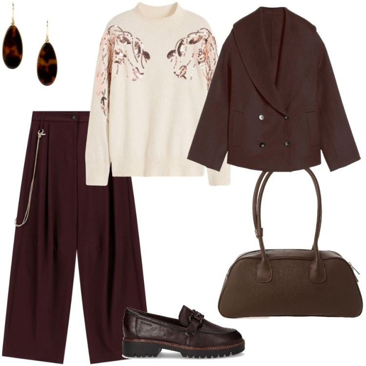 Outfit donna - Total look #2286956. Stile Casual chic per Ufficio. Abbinamento con caban, maglieria, pantaloni a palazzo, borse a mano, orecchini, mocassini.