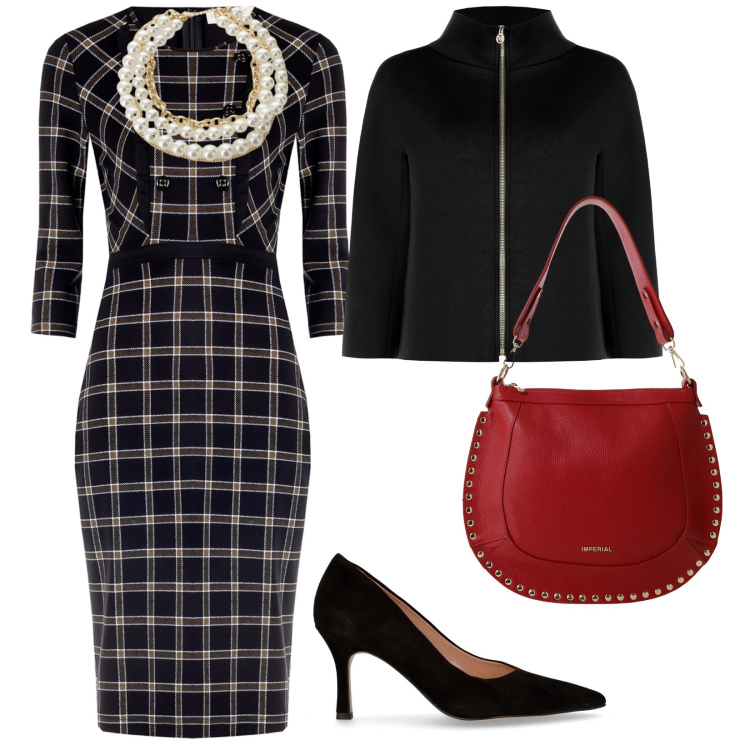 Outfit donna - Glamour per novembre. per Ufficio. Abbinamento con vestiti a tubino, cappe, borse a spalla, collane, décolleté.