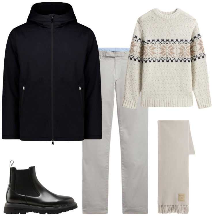 Outfit uomo - Total look #2286958. Stile Casual per Ufficio. Abbinamento con pantaloni, sciarpe, maglieria, stivali e stivaletti, parka.