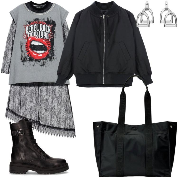 Outfit donna - Total look #2286962. Stile Rock per Tutti i giorni. Abbinamento con bomber, vestiti, orecchini, borse tote, anfibi.