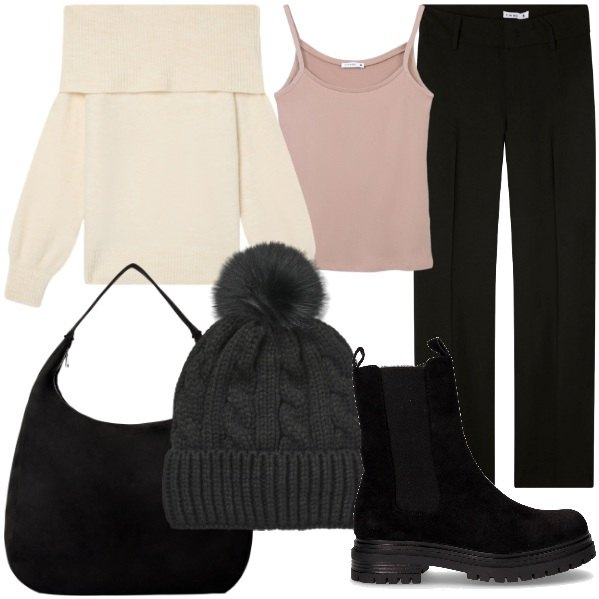 Outfit donna - Terranova Black Friday 2025. Stile Glamour per Tutti i giorni. Abbinamento con maglieria, canottiere, borse a mano, pantaloni, berretti, stivaletti chelsea.