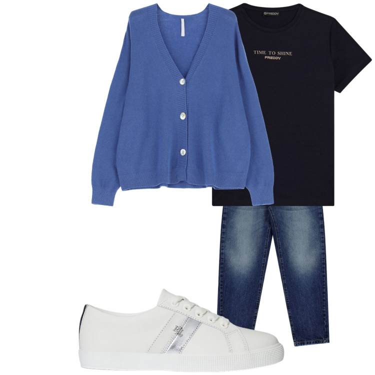 Outfit donna - Giorno. Stile Casual per Tutti i giorni. Abbinamento con cardigans, t-shirt, jeans, sneakers.