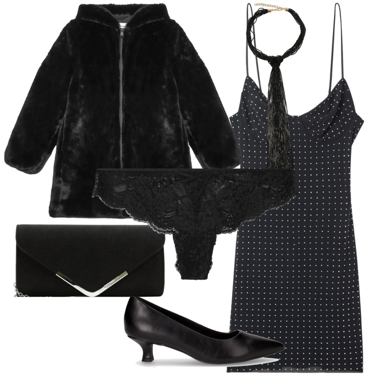 Outfit donna - Semplicemente stasera. Stile Glamour per Serata fuori. Abbinamento con pochette, vestiti corti, culotte, cappotti, collane, décolleté.