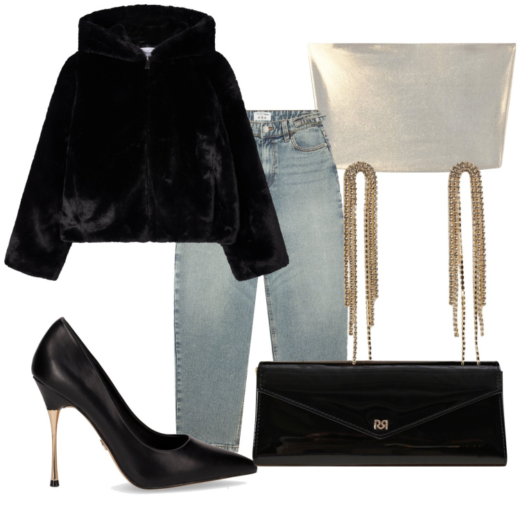 Outfit donna - La febbre del sabato sera. Stile Glamour per Serata fuori. Abbinamento con orecchini, top, jeans, ecopellicce, pochette, décolleté.