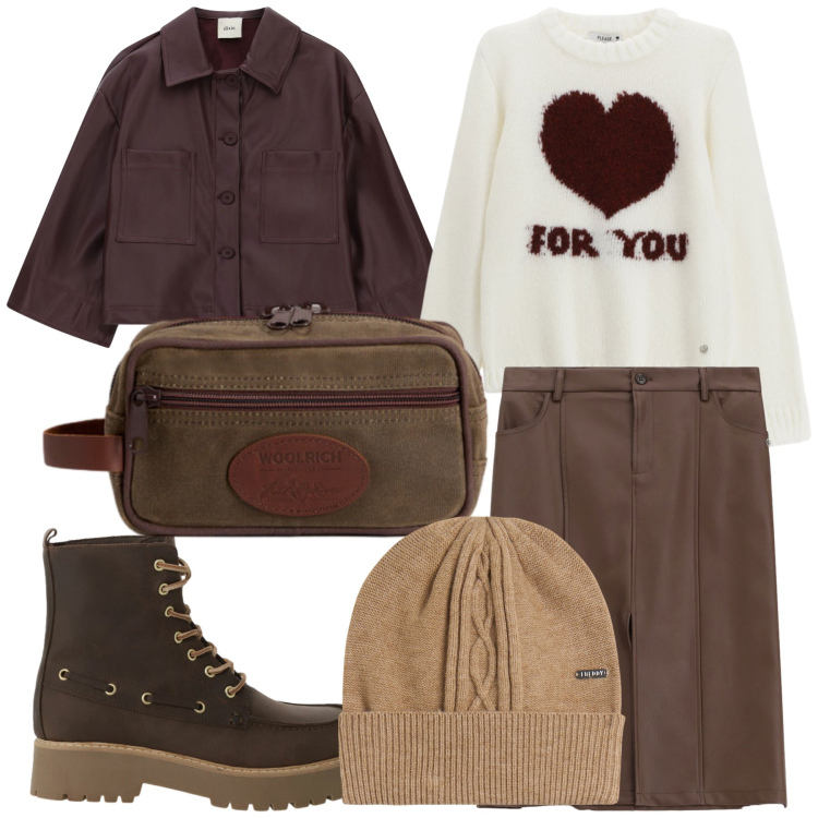 Outfit donna - Total look. Stile Trendy per Tutti i giorni. Abbinamento con pullovers, gonne, blazer, stivaletti, berretti, valigie.