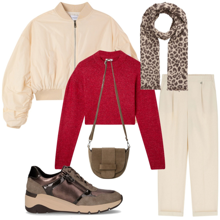 Outfit donna - La mia giacca bomber. Stile Basic per Tutti i giorni. Abbinamento con sciarpe, maglieria, bomber, pantaloni, borse a tracolla, sneakers alte.