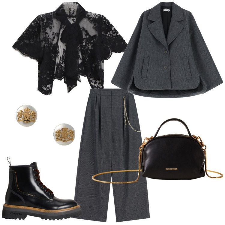 Outfit donna - Nero fashion. Stile Casual chic per Serata fuori. Abbinamento con blazer, top, pantaloni a palazzo, borse a mano, orecchini, anfibi.