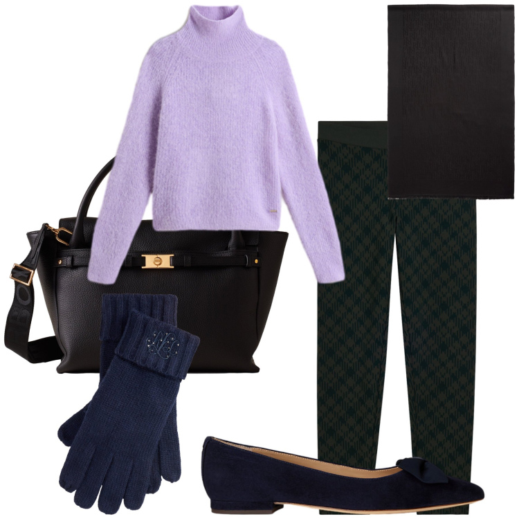 Outfit donna - La maglia lilla. Stile Bon Ton per Tutti i giorni. Abbinamento con borse a mano, leggings, ballerine, guanti, sciarpe, maglieria.